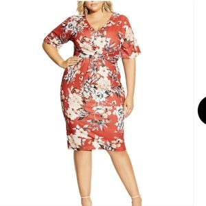 City Chic Red Twist Floral Trendy Front Sheath Plus Size 22W Cocktail Dress
